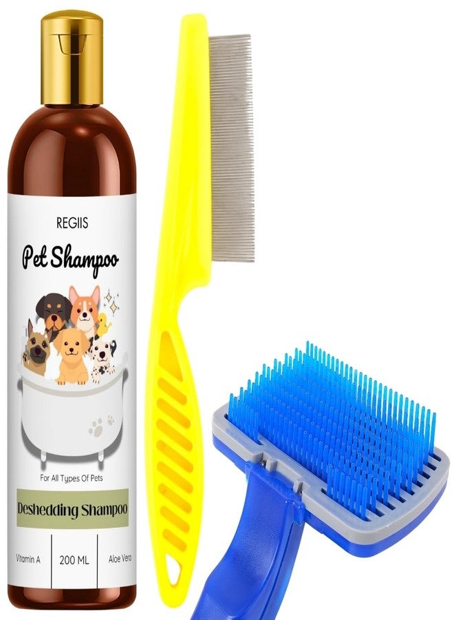 REGIIS Pet Shampoo Deshedding Set, 200 ML Dog Grooming Kit with Flea Comb and Self-Cleaning Brush for All Types of Pets(3 Pack) - Image 1